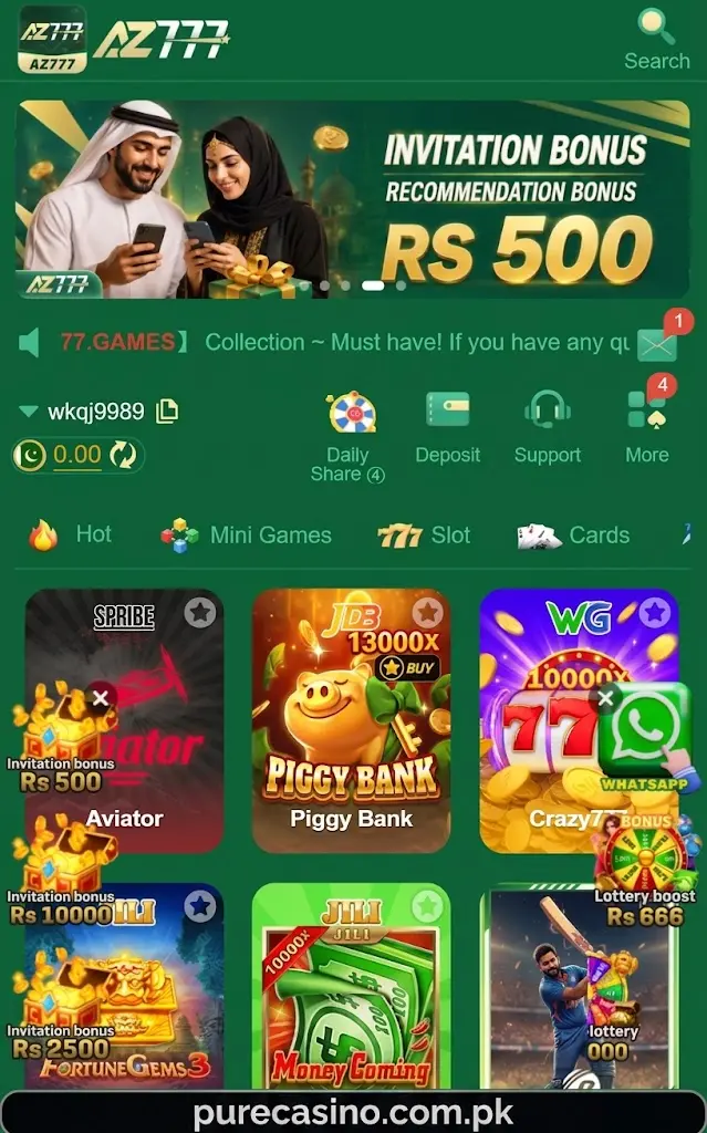 AZ777 Game user interface and registration