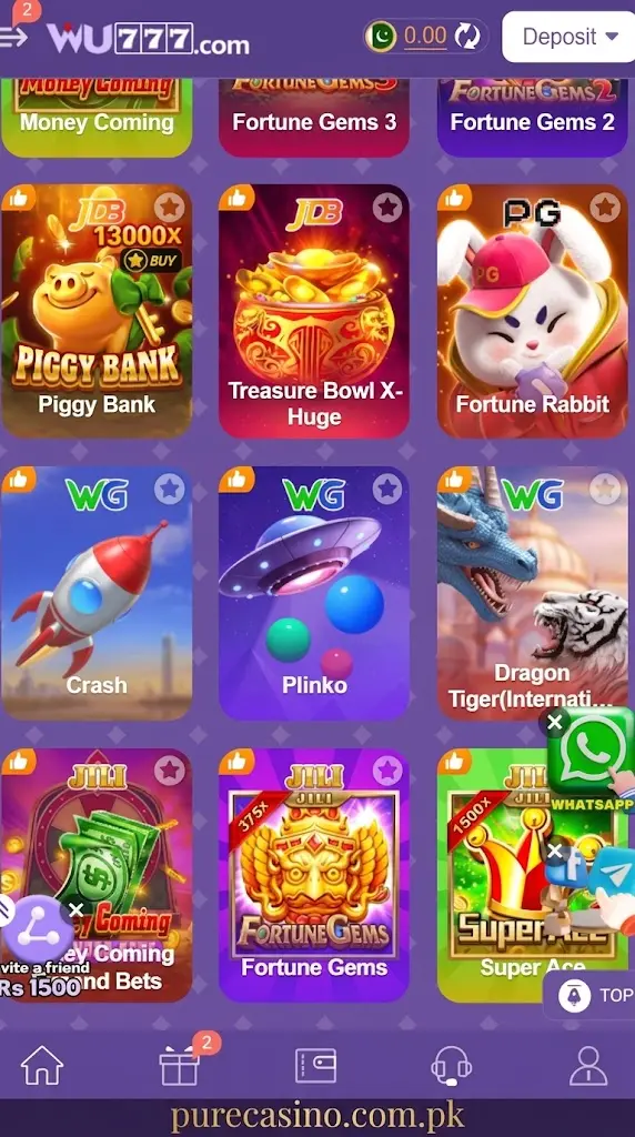 different types of games in the WU777 Game